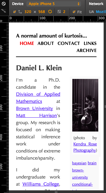 The home page of this website before Bootstrap, as it might appear on an iPhone 5, as imagined by Chrome’s Developer Tools.